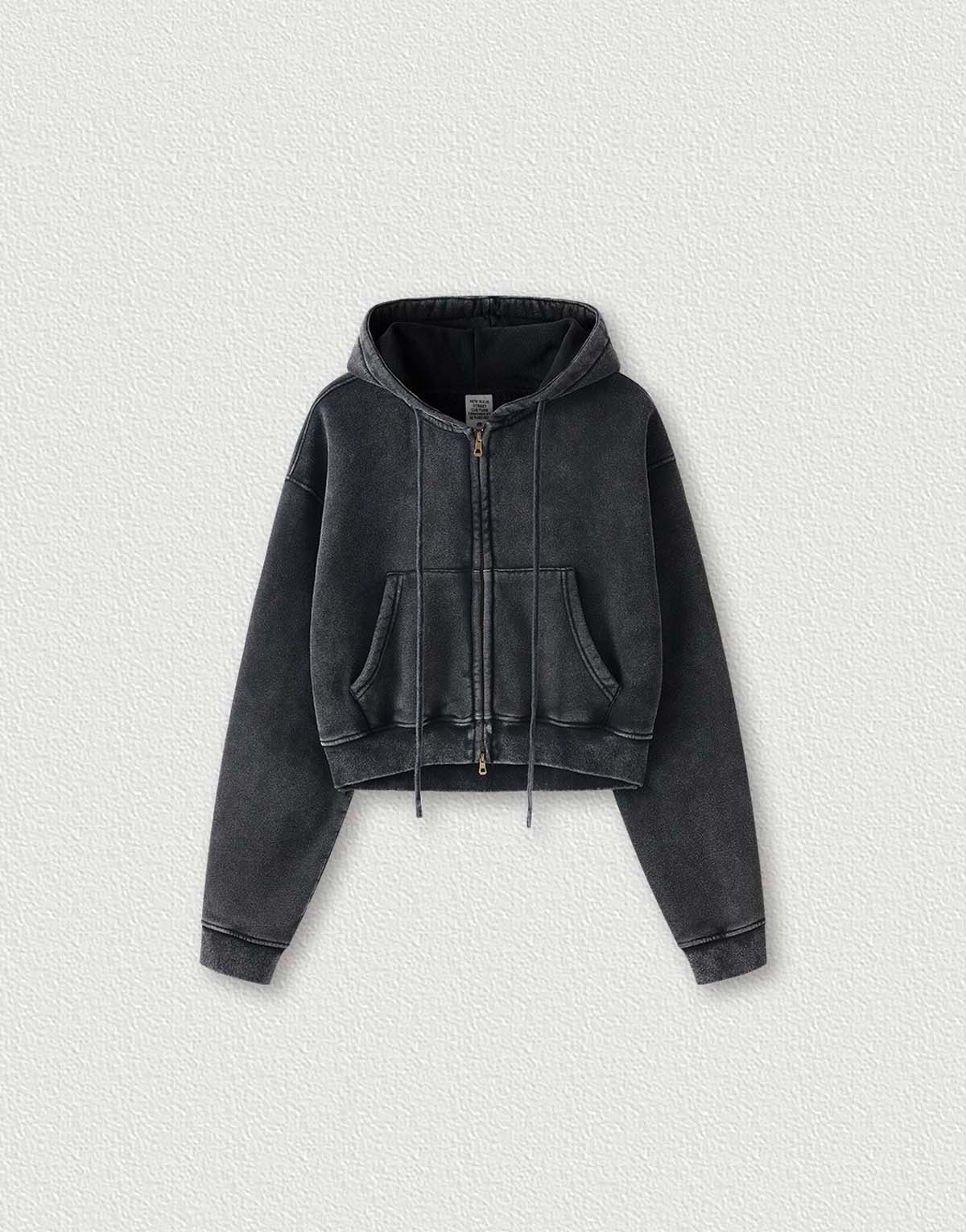 Women's Vintage Zipper Fleece-Lined Distressed Cropped Hoodie-wh284-1